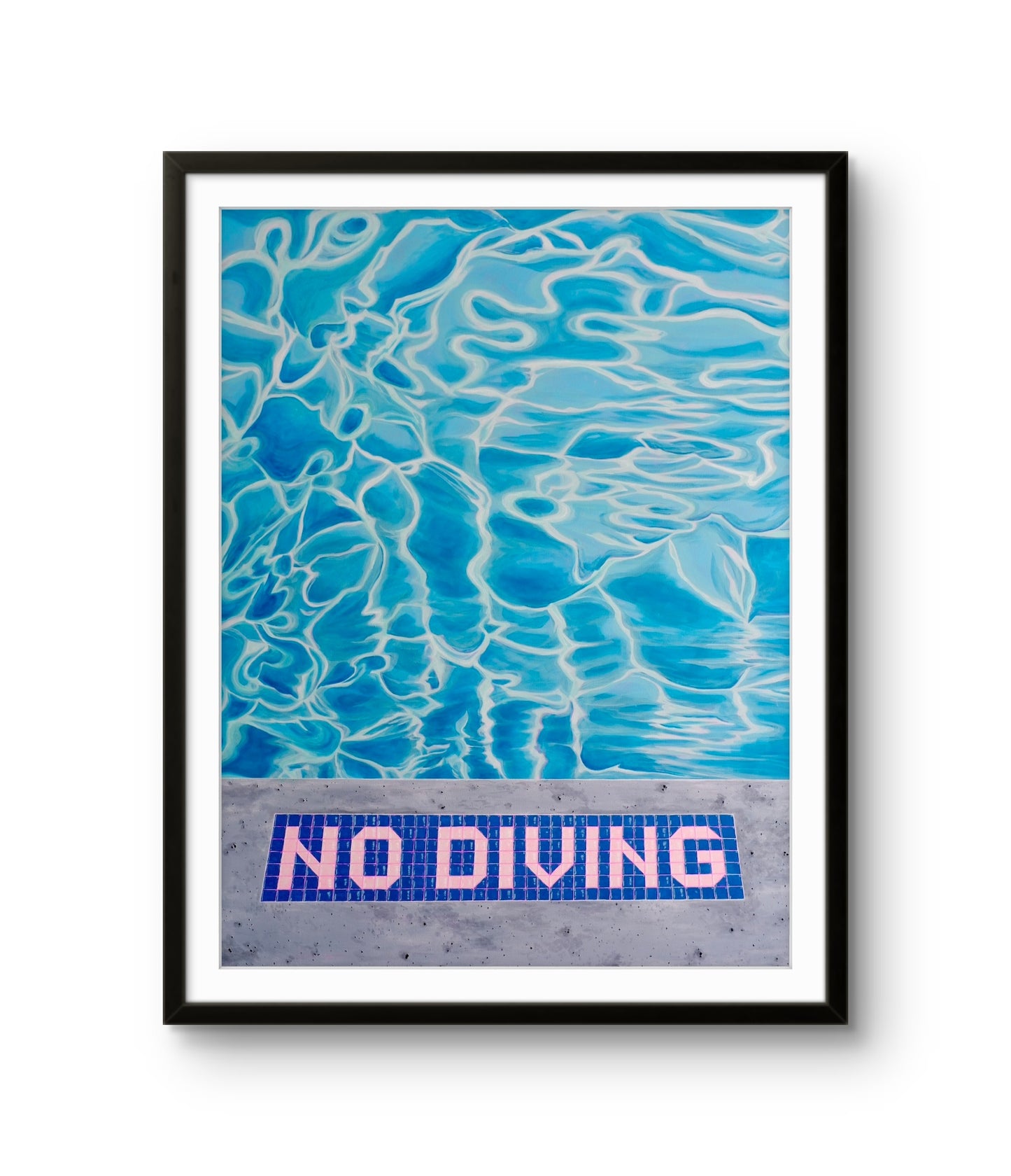 Framed artwork of a pool with 'No Diving' sign