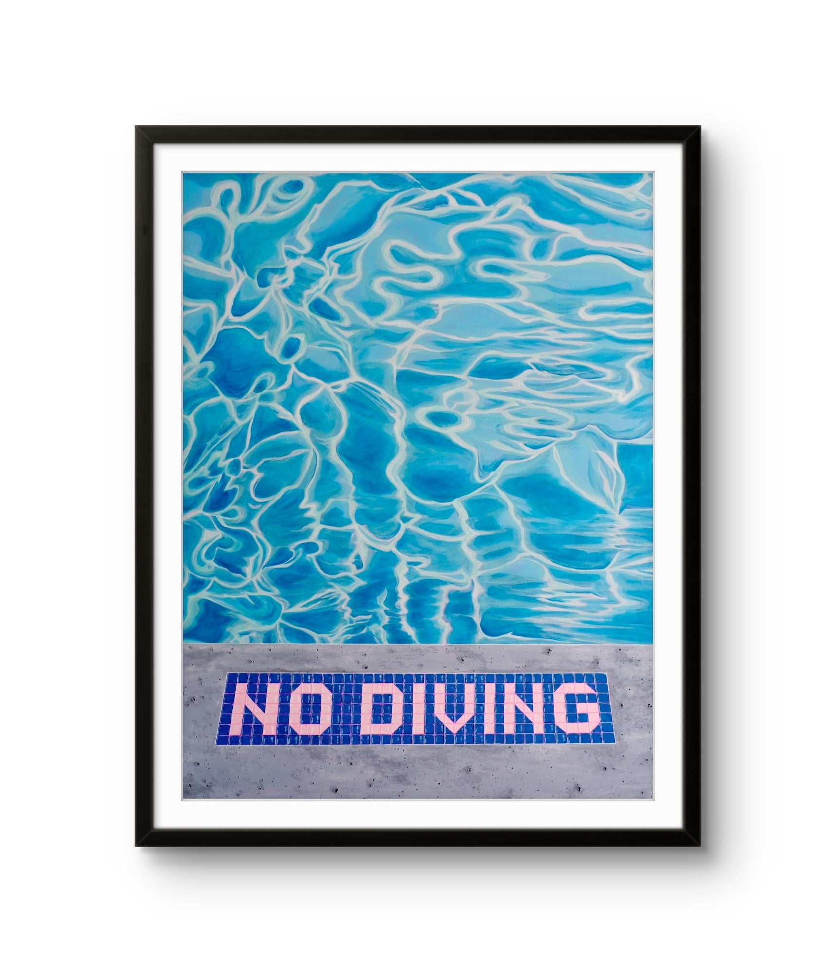 Framed artwork of a pool with 'No Diving' sign