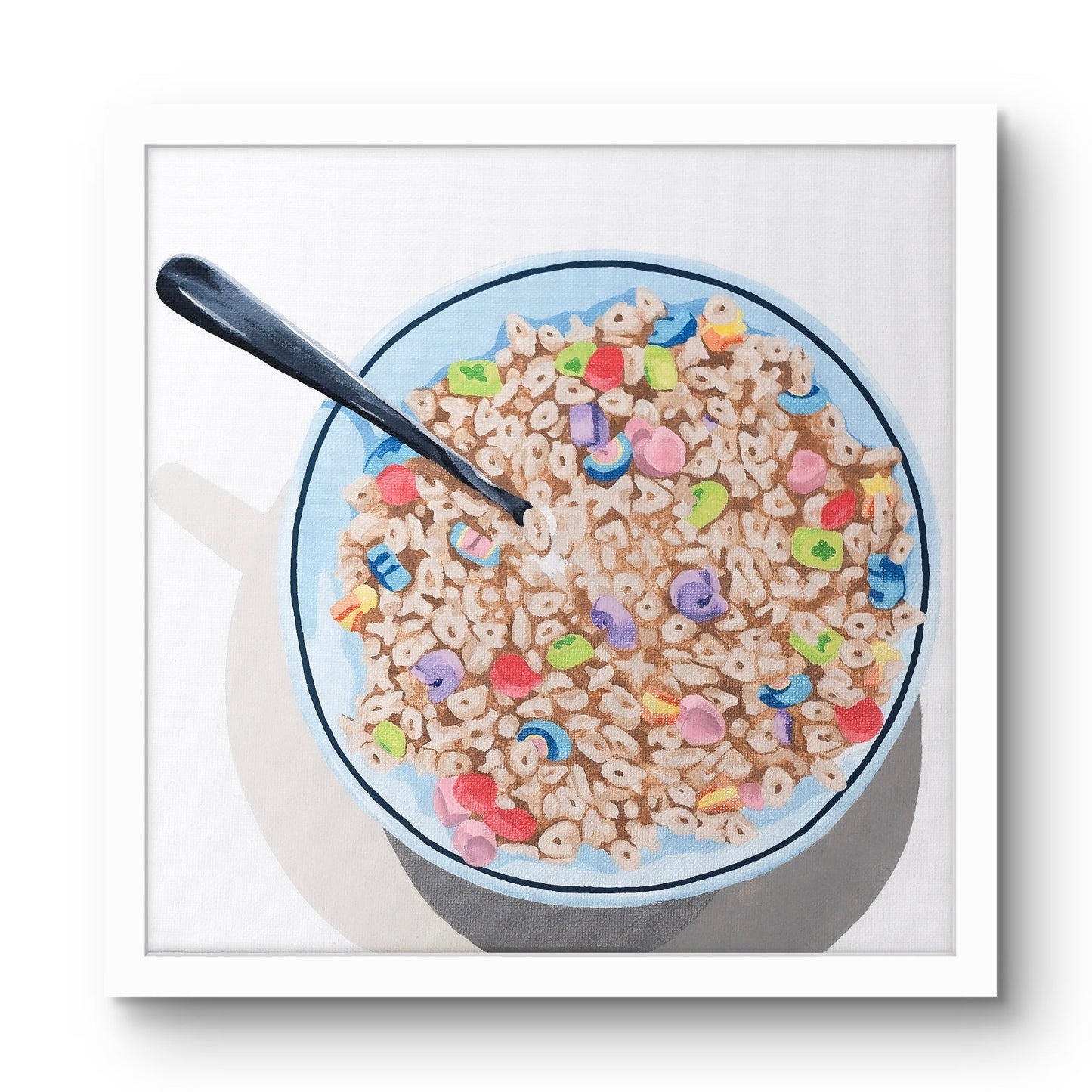 Bowl of cereal with colorful cereal pieces and a spoon on a white background