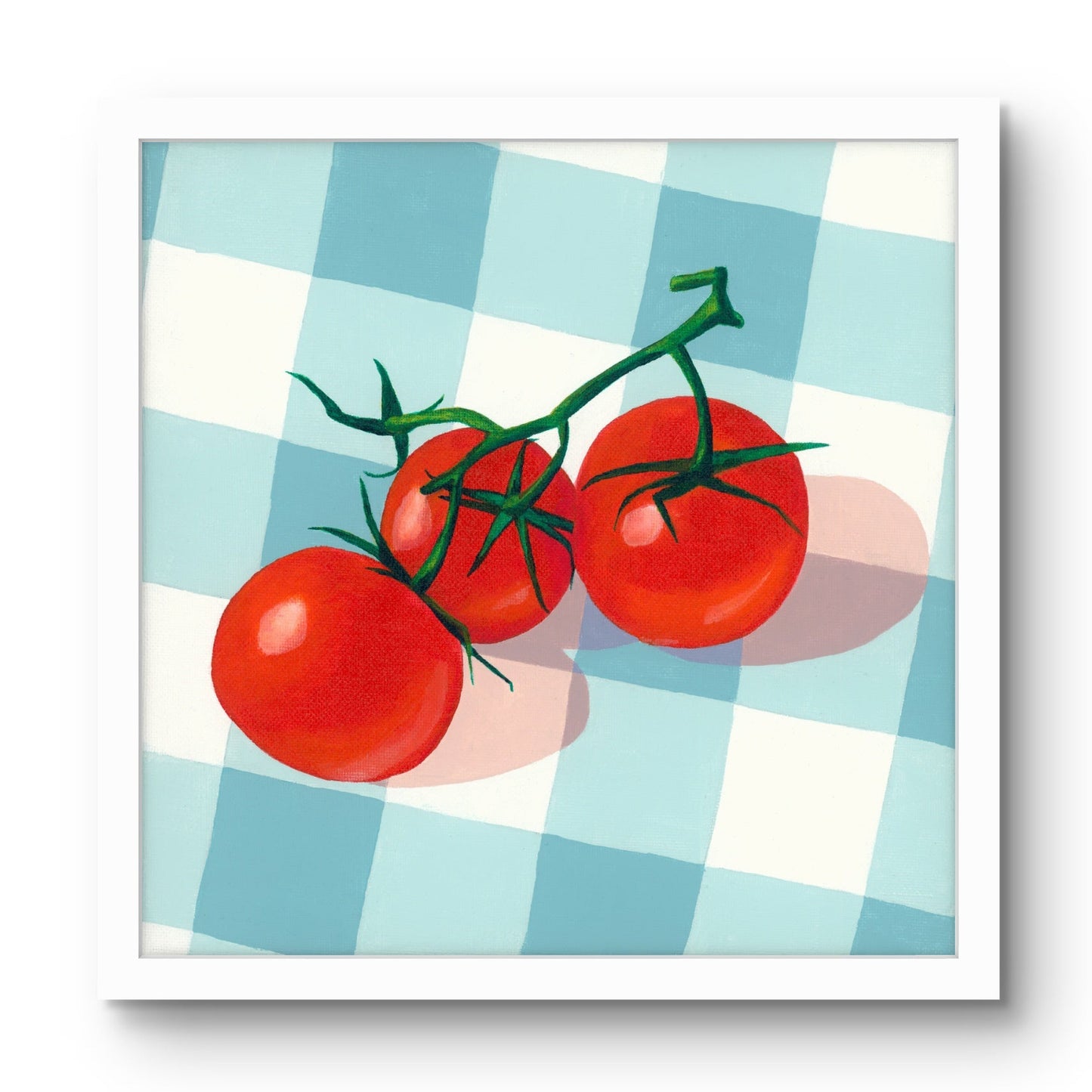  art print of three red tomatoes on a green vine against a blue and white checkered background.