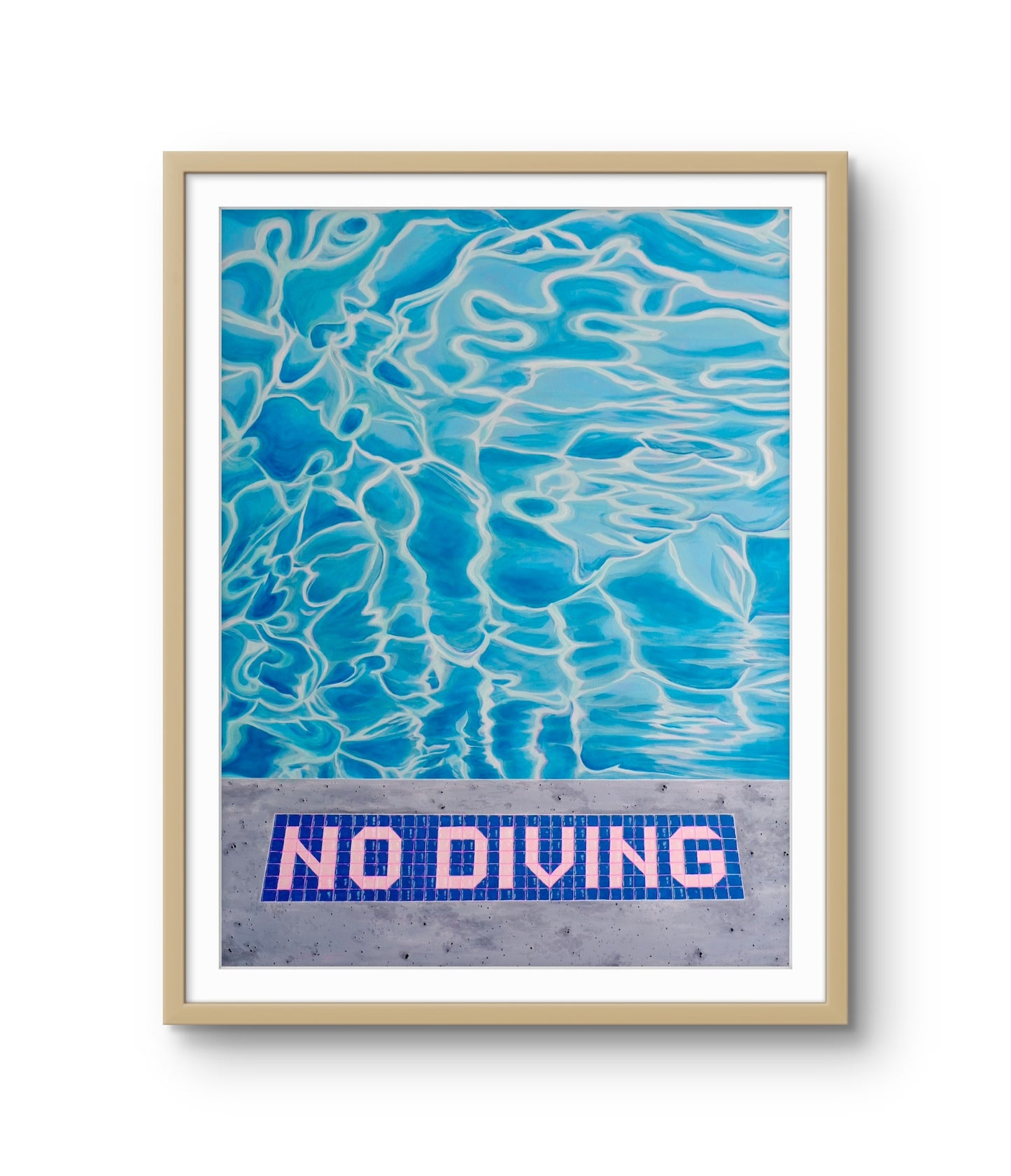 Framed artwork of a pool with 'No Diving' mosaic