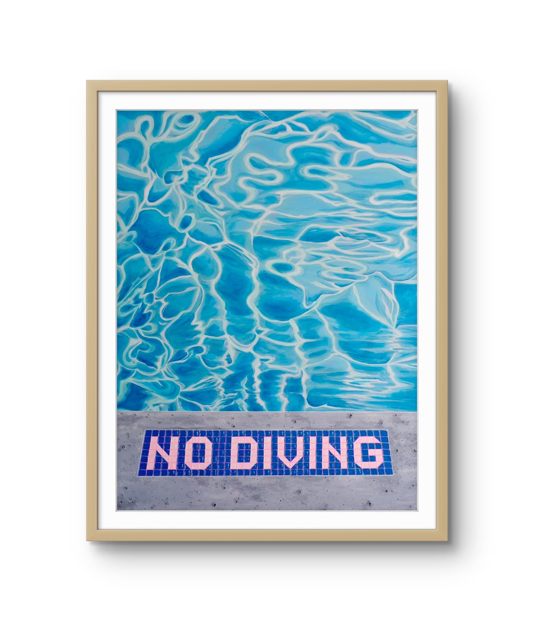 Framed artwork of a pool with 'No Diving' mosaic