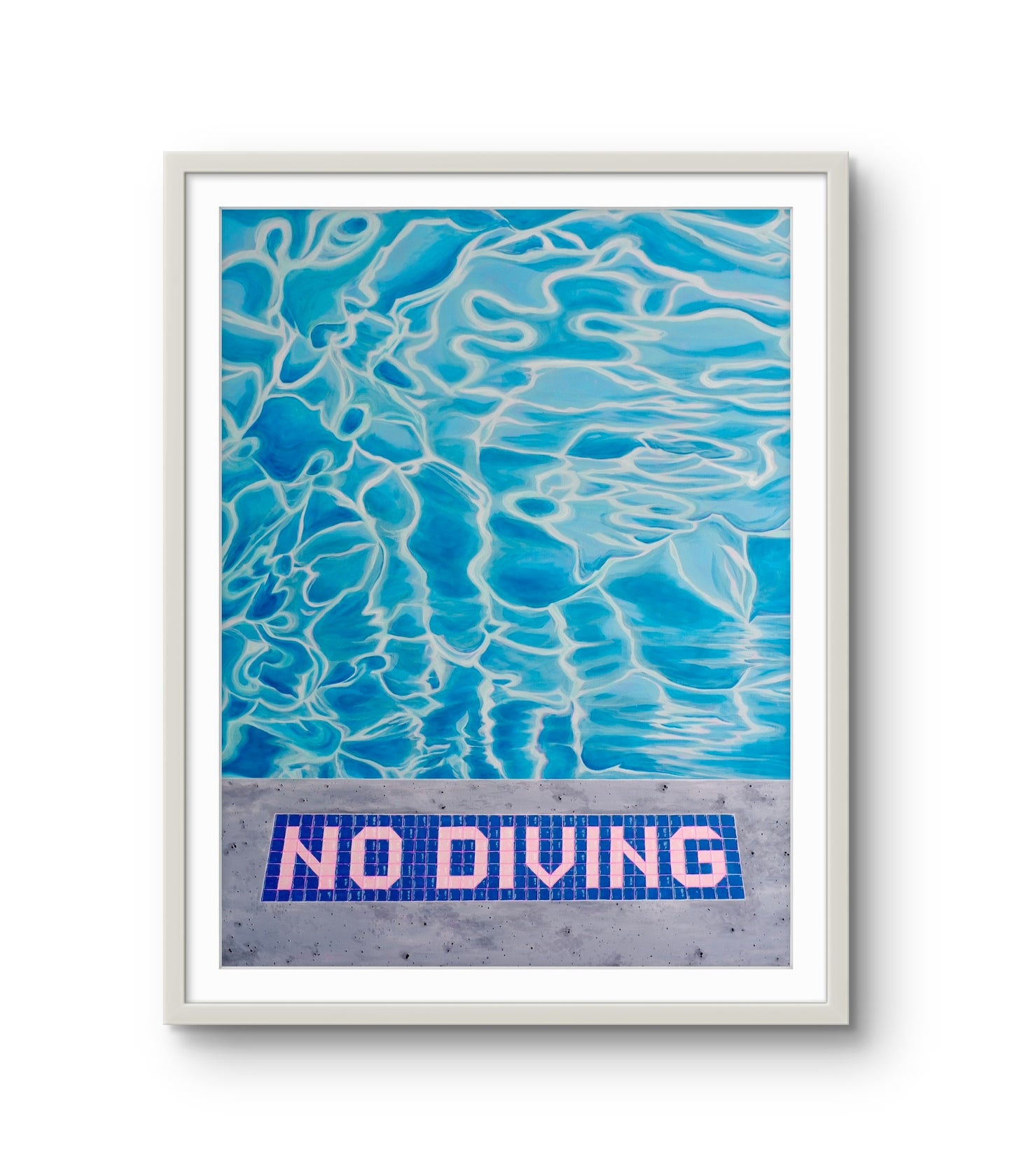Framed artwork of a pool with 'No Diving' mosaic