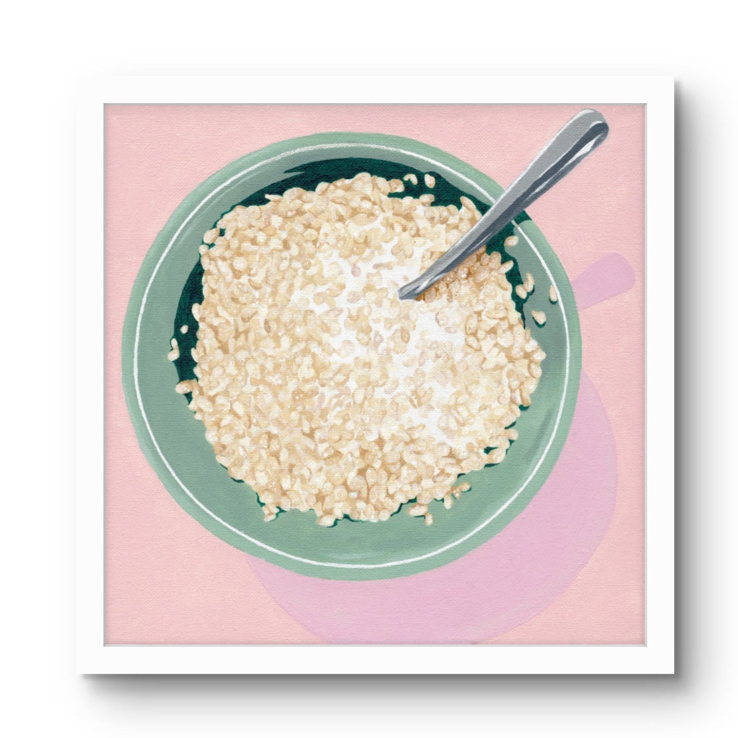 Illustration of a bowl of cereal with a spoon on a pink background