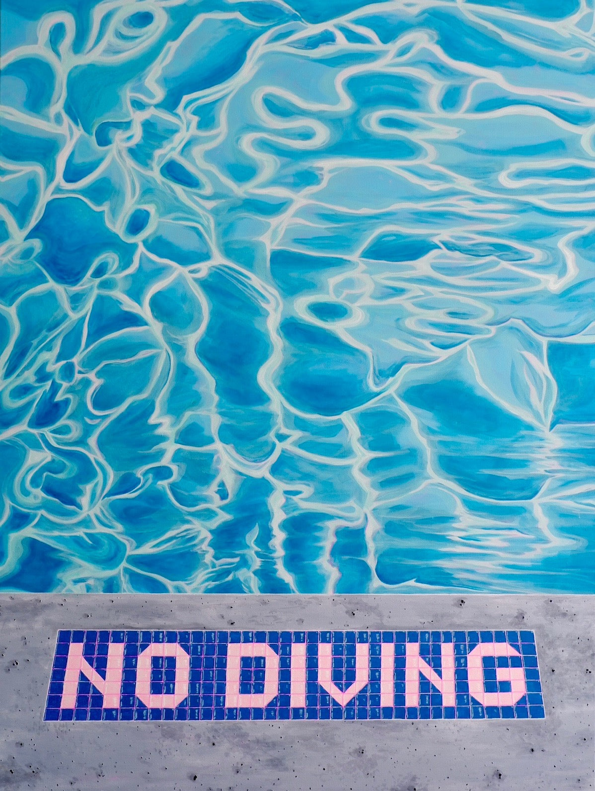 Blue pool water with 'NO DIVING' sign at the edge