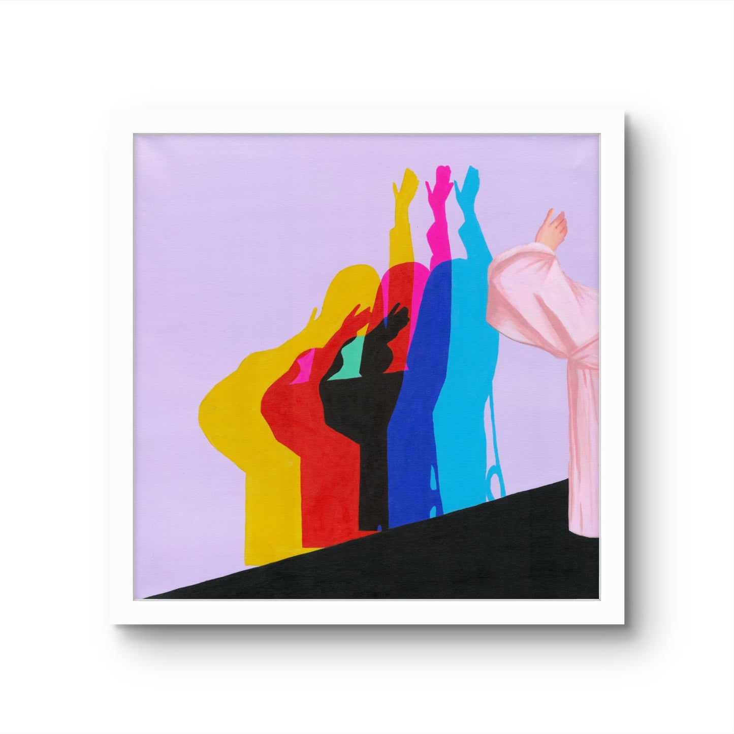 Colorful abstract art print with silhouettes against a purple background