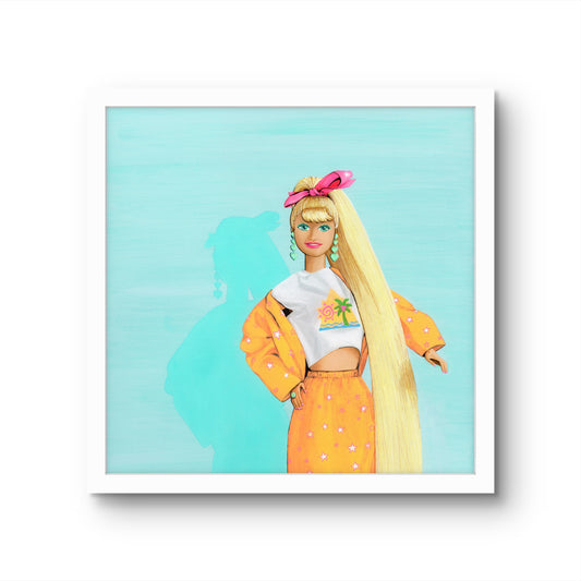Framed artwork of a stylized character with long blonde hair and a pink bow on a light blue background.