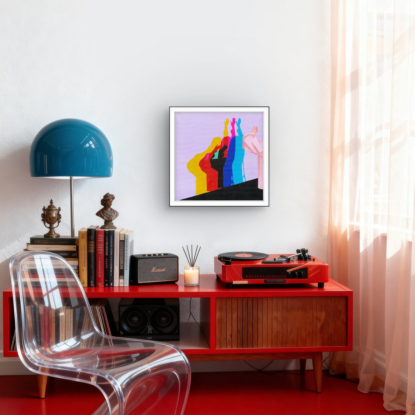 Modern interior with red console table, clear chair, and colorful abstract art on wall.